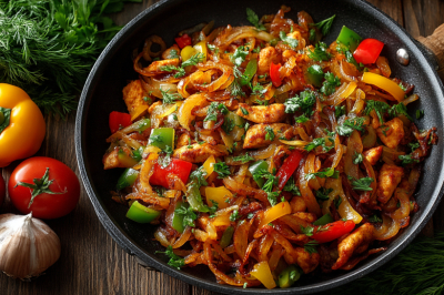Мясная сковородка с карамелизированным луком: быстрый ужин из курицы и овощей